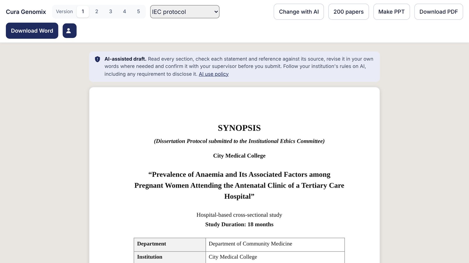 The first page of a drafted synopsis in the ethics committee format, under the AI-assisted draft notice